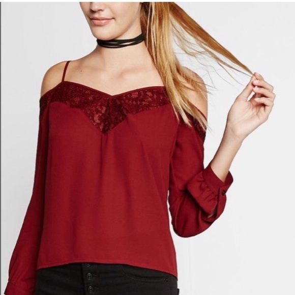 Express Red Lace Trim Cold Shoulder Boxy Blouse L Chiffon Party Night Out Rave - Picture 1 of 11